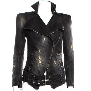 Balmain Distressed Black Denim Biker Jacket Belted Waist S/US4/FR36
